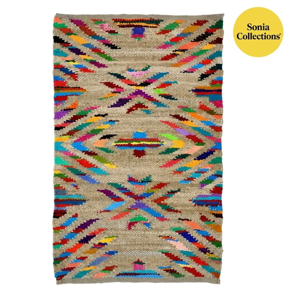 Handloom Jute Cotton Rug – Vibrant Geometric Multicolor | Sonia Collections™