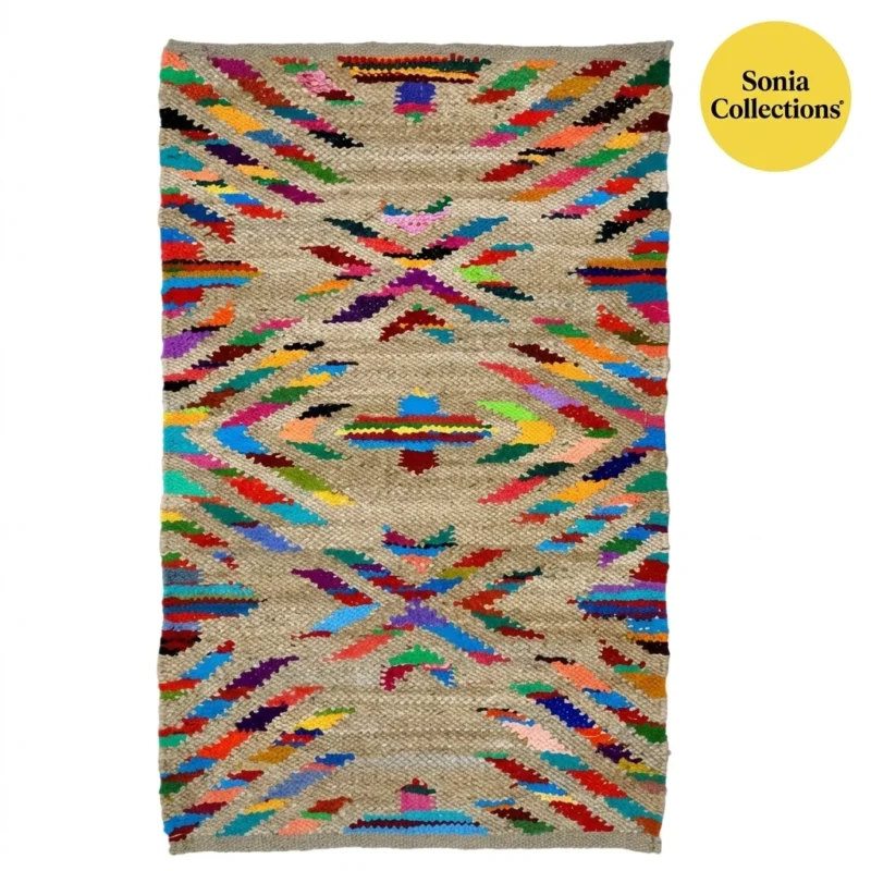 Handloom Jute Cotton Rug – Vibrant Geometric Multicolor Sonia Collections™0 Handloom Jute Cotton Rug – Vibrant Geometric Multicolor | Sonia Collections™