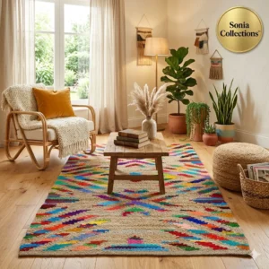 Handloom Jute Cotton Rug – Vibrant Geometric Multicolor | Sonia Collections™