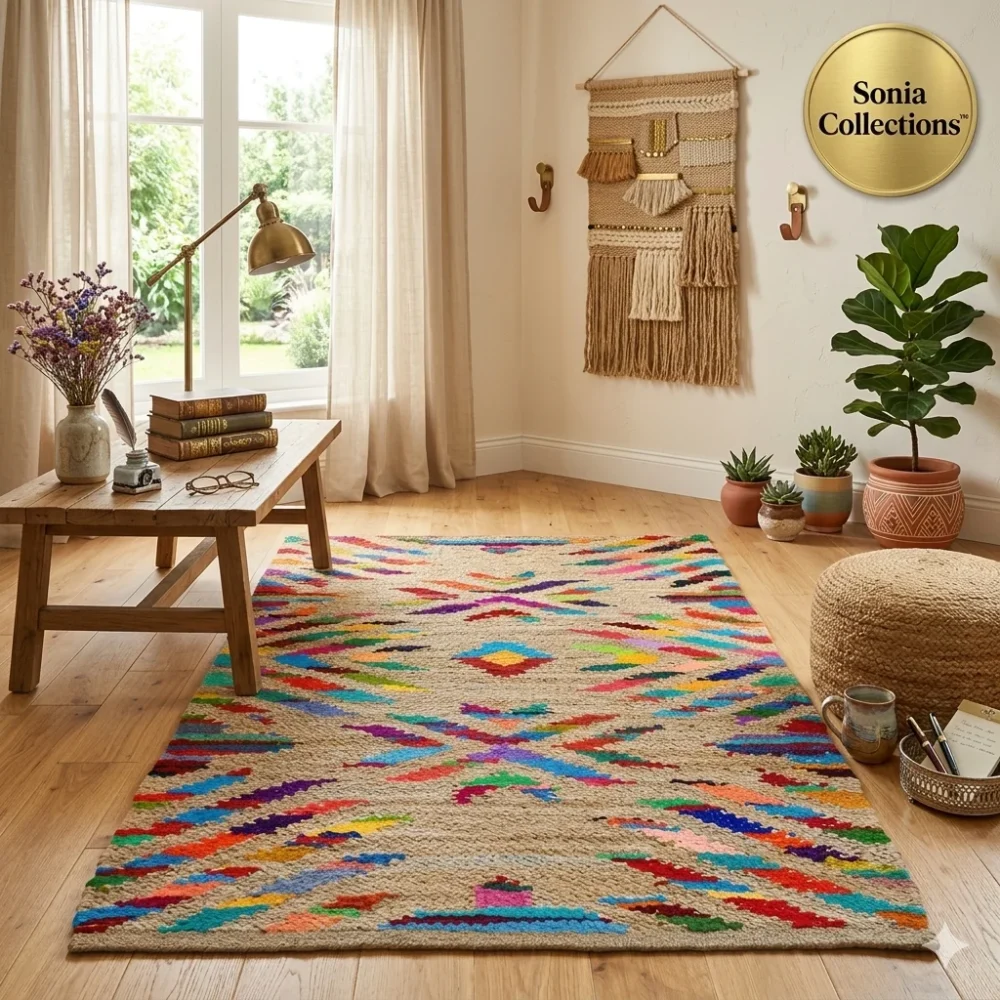 Handloom Jute Cotton Rug – Vibrant Geometric Multicolor | Sonia Collections™