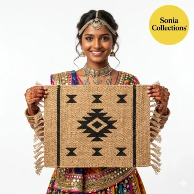Sonia Collections™ handwoven jute rug with geometric design. Eco‑friendly, durable, artisan‑made décor.2 Sonia Collections™ Handwoven Jute Rug | Eco‑Friendly Geometric Design