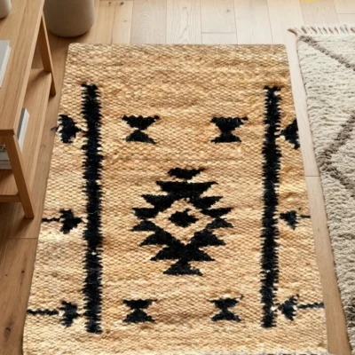Sonia Collections™ handwoven jute rug with geometric design. Eco‑friendly, durable, artisan‑made décor.3 Sonia Collections™ Handwoven Jute Rug | Eco‑Friendly Geometric Design