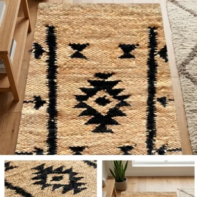 Sonia Collections™ handwoven jute rug with geometric design. Eco‑friendly, durable, artisan‑made décor.4 Sonia Collections™ Handwoven Jute Rug | Eco‑Friendly Geometric Design