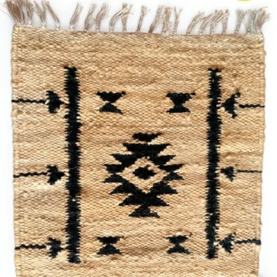 Sonia Collections™ handwoven jute rug with geometric design. Eco‑friendly, durable, artisan‑made décor.5 Sonia Collections™ Handwoven Jute Rug | Eco‑Friendly Geometric Design