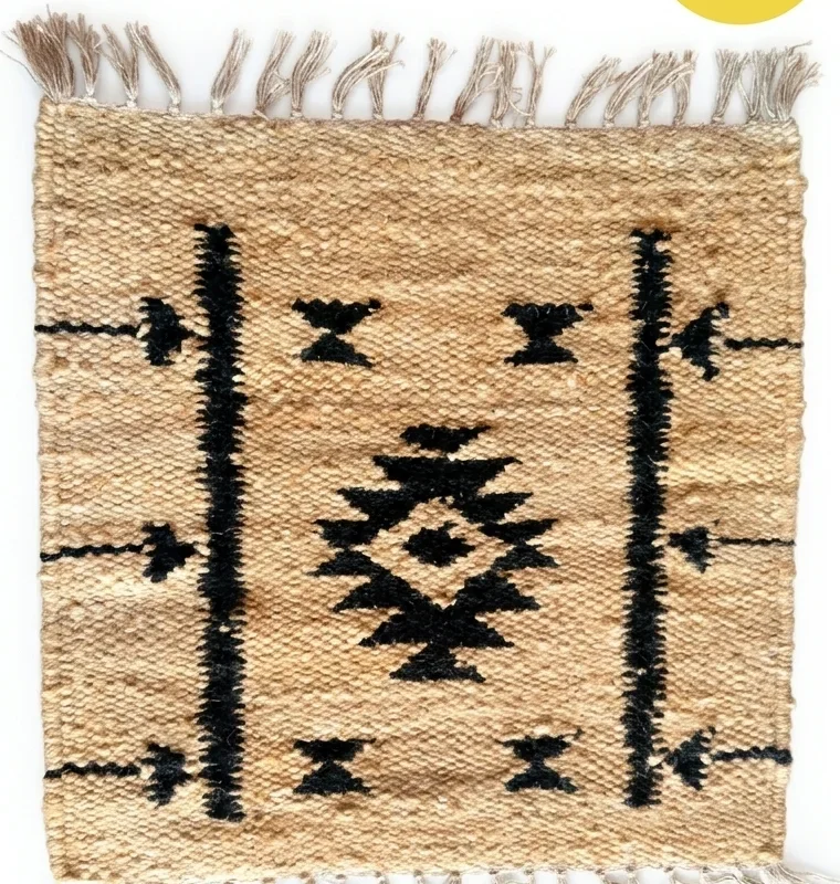Sonia Collections™ handwoven jute rug with geometric design. Eco‑friendly, durable, artisan‑made décor.5 Sonia Collections™ Handwoven Jute Rug | Eco‑Friendly Geometric Design