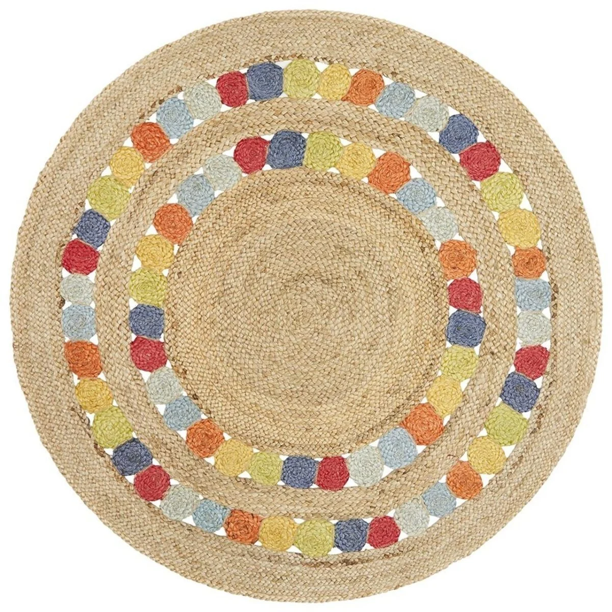Sonia Collections™ – Handwoven Natural Jute Round Rug with Multicolor Braided Design