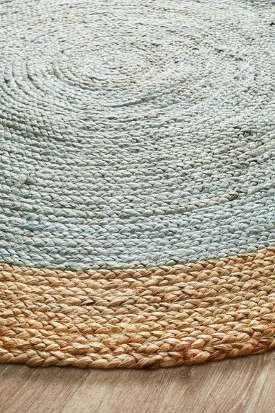 Sonia Collections™ Handcrafted Round Jute Rug – Light Blue & Natural Braided Area Carpet
