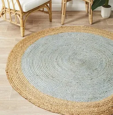 Sonia Collections™ Handcrafted Round Jute Rug – Light Blue & Natural Braided Area Carpet