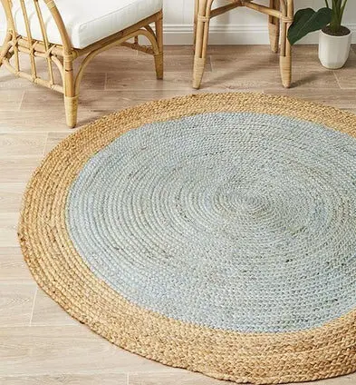 Sonia Collections™ Handcrafted Round Jute Rug – Light Blue & Natural Braided Area Carpet