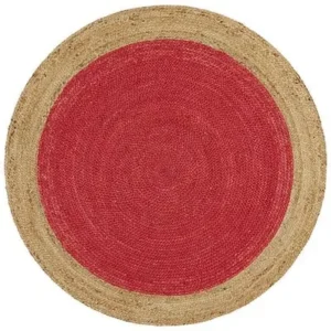 onia Collections™ Handcrafted Round Jute Rug – Red & Natural Braided Area Carpet