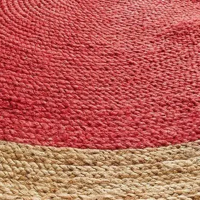 Handcrafted Round Jute Rug Red & Natural Braided Handmade Area Rug