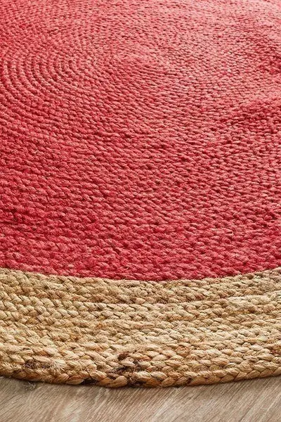 onia Collections™ Handcrafted Round Jute Rug – Red & Natural Braided Area Carpet