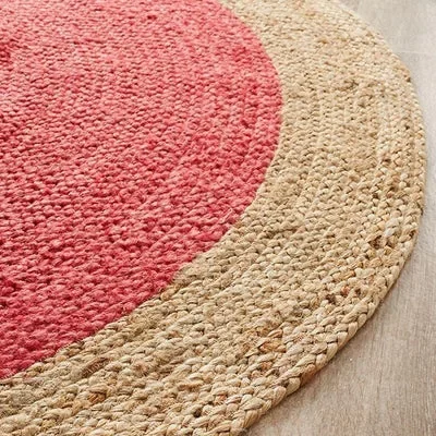Handcrafted Round Jute Rug Red & Natural Braided Handmade Area Rug