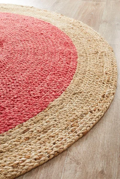 onia Collections™ Handcrafted Round Jute Rug – Red & Natural Braided Area Carpet