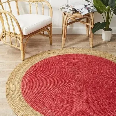 Handcrafted Round Jute Rug Red & Natural Braided Handmade Area Rug