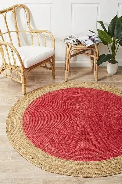 onia Collections™ Handcrafted Round Jute Rug – Red & Natural Braided Area Carpet