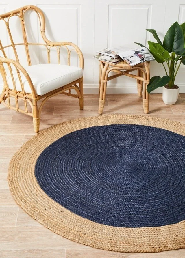 e Sonia Collections™ Handcrafted Round Jute Rug – Navy Blue & Natural Braided Area Carpet