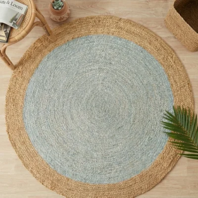 Sonia Collections™ Handcrafted Round Jute Rug – Light Blue & Natural Braided Area Carpet