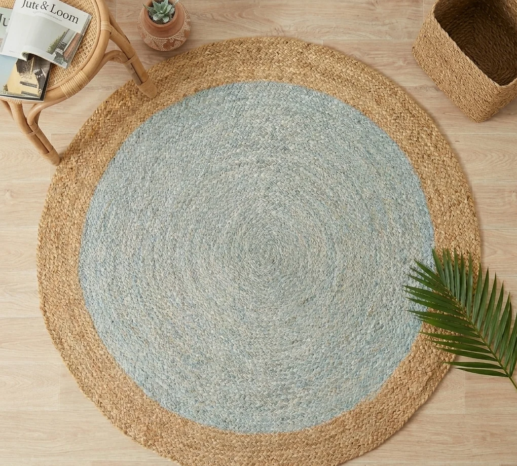 Sonia Collections™ Handcrafted Round Jute Rug – Light Blue & Natural Braided Area Carpet