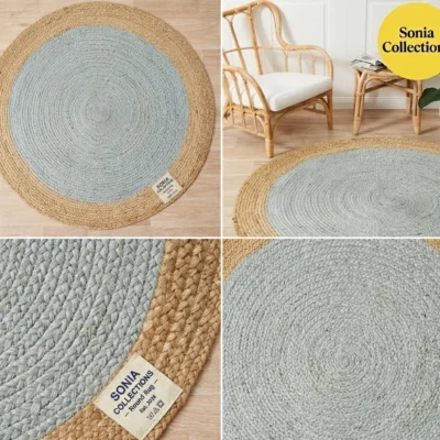 Sonia Collections™ Handcrafted Round Jute Rug – Light Blue & Natural Braided Area Carpet