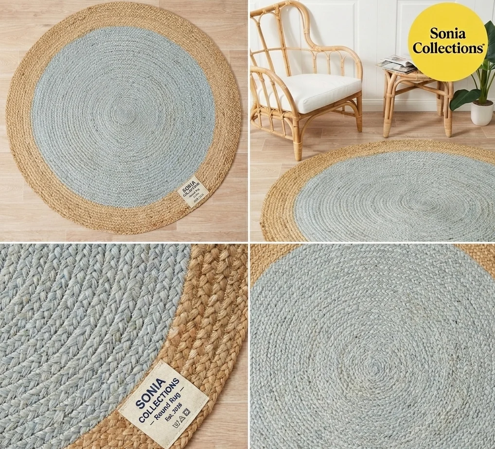 Sonia Collections™ Handcrafted Round Jute Rug – Light Blue & Natural Braided Area Carpet