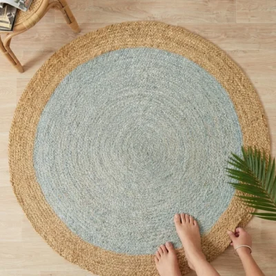 Sonia Collections™ Handcrafted Round Jute Rug – Light Blue & Natural Braided Area Carpet