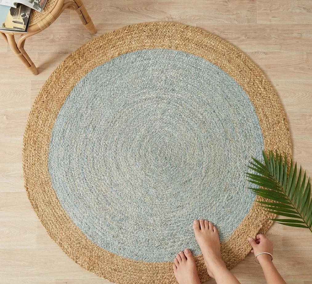 Sonia Collections™ Handcrafted Round Jute Rug – Light Blue & Natural Braided Area Carpet