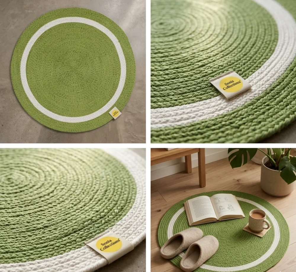 Sonia Collections™ – Braided Green Cotton Round Carpet Rug for Home Décor
