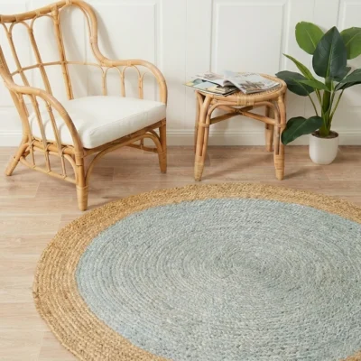 Sonia Collections™ Handcrafted Round Jute Rug – Light Blue & Natural Braided Area Carpet