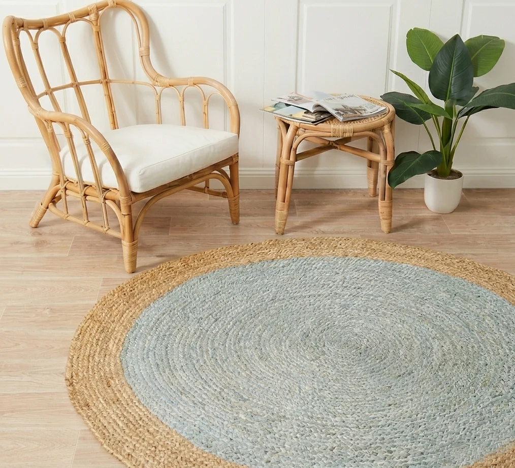 Sonia Collections™ Handcrafted Round Jute Rug – Light Blue & Natural Braided Area Carpet