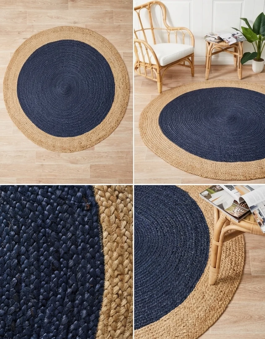 e Sonia Collections™ Handcrafted Round Jute Rug – Navy Blue & Natural Braided Area Carpet