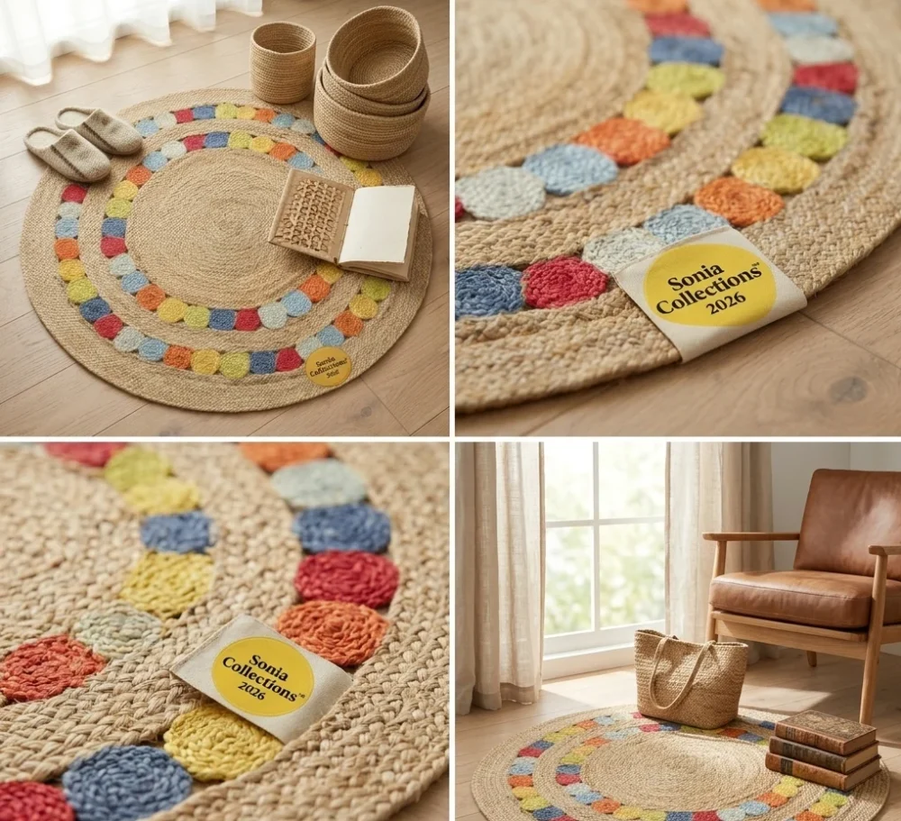 Sonia Collections™ – Handwoven Natural Jute Round Rug with Multicolor Braided Design