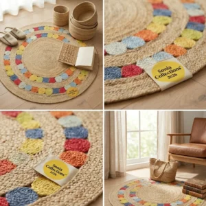 Sonia Collections™ – Handwoven Natural Jute Round Rug with Multicolor Braided Design