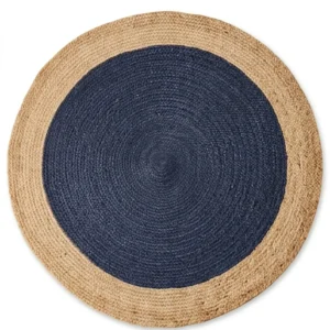 e Sonia Collections™ Handcrafted Round Jute Rug – Navy Blue & Natural Braided Area Carpet
