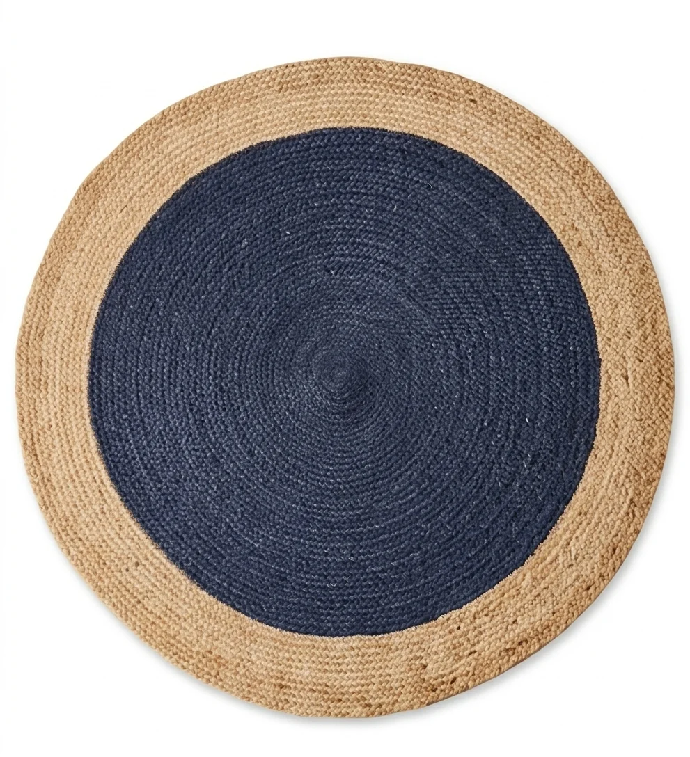 e Sonia Collections™ Handcrafted Round Jute Rug – Navy Blue & Natural Braided Area Carpet