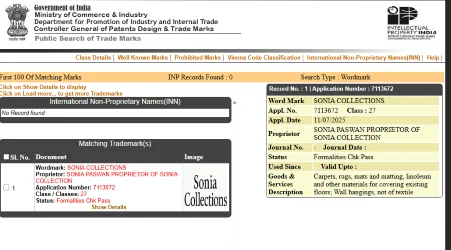 Sonia Collections Trademark Registration Status