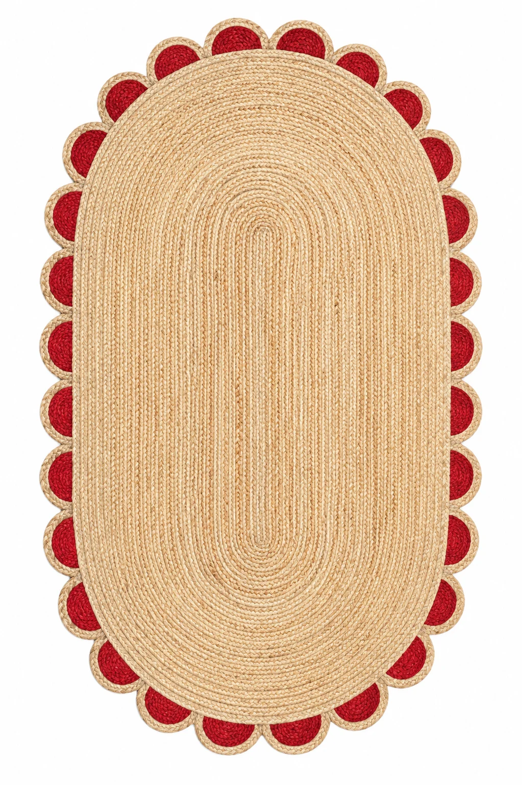  Handwoven Red Scalloped Oval Jute Rug Bold, Beautiful & Handmade