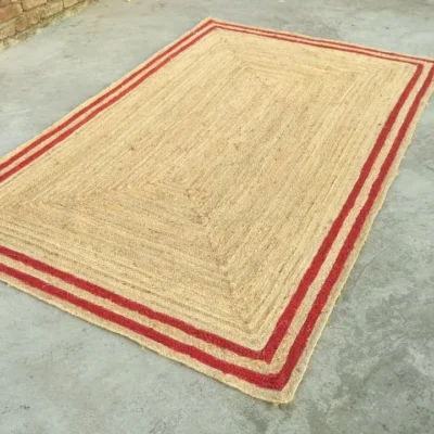 Handmade Natural Jute Area Rug with Red Border Braided Floor Rug