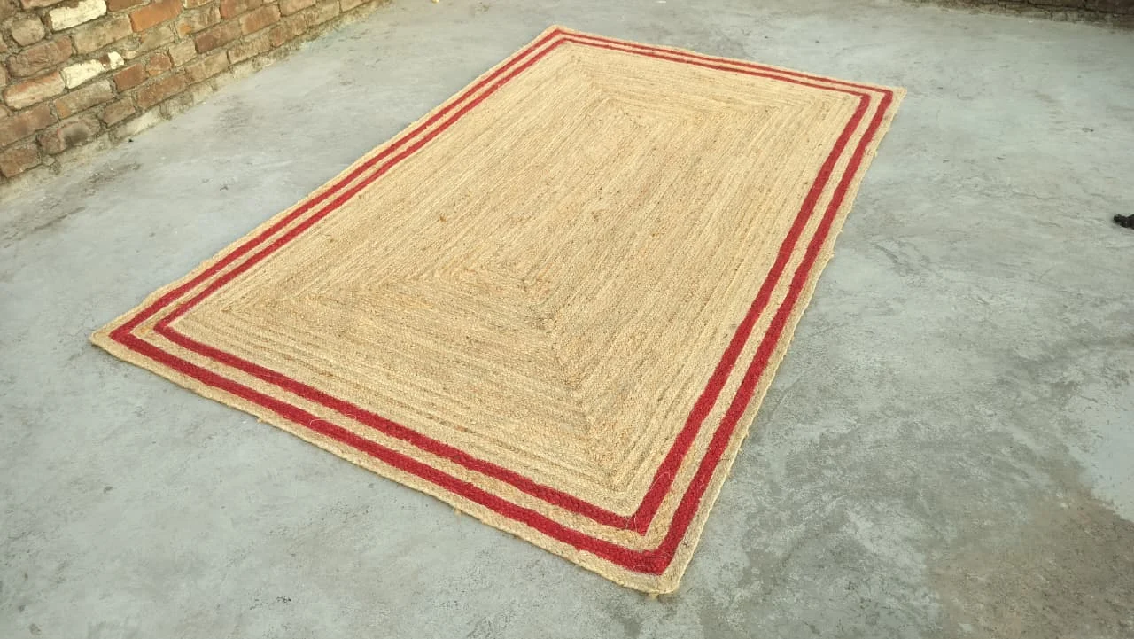 Handmade Natural Jute Area Rug with Red Border Braided Floor Rug