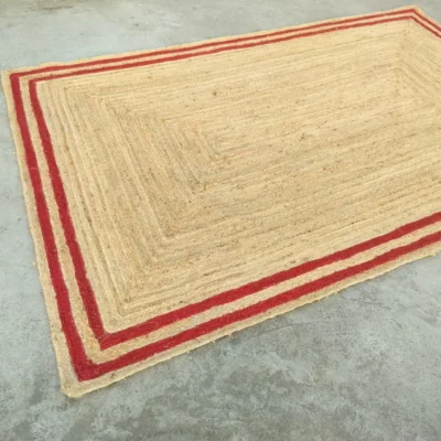 Handmade Natural Jute Area Rug with Red Border Braided Floor Rug