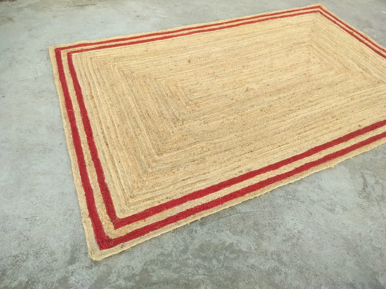 Handmade Natural Jute Area Rug with Red Border Braided Floor Rug