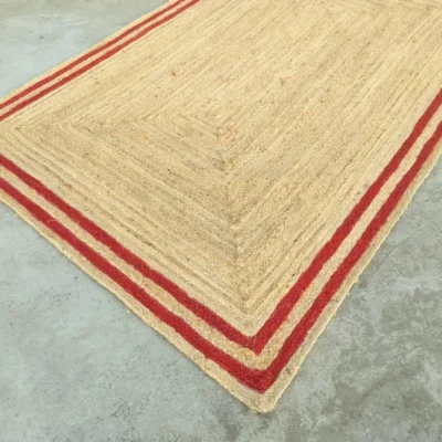 Handmade Natural Jute Area Rug with Red Border Braided Floor Rug