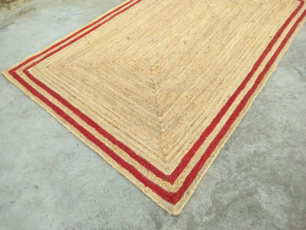 Handmade Natural Jute Area Rug with Red Border Braided Floor Rug