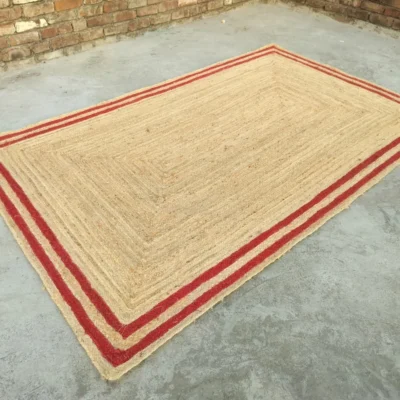 Handmade Natural Jute Area Rug with Red Border Braided Floor Rug