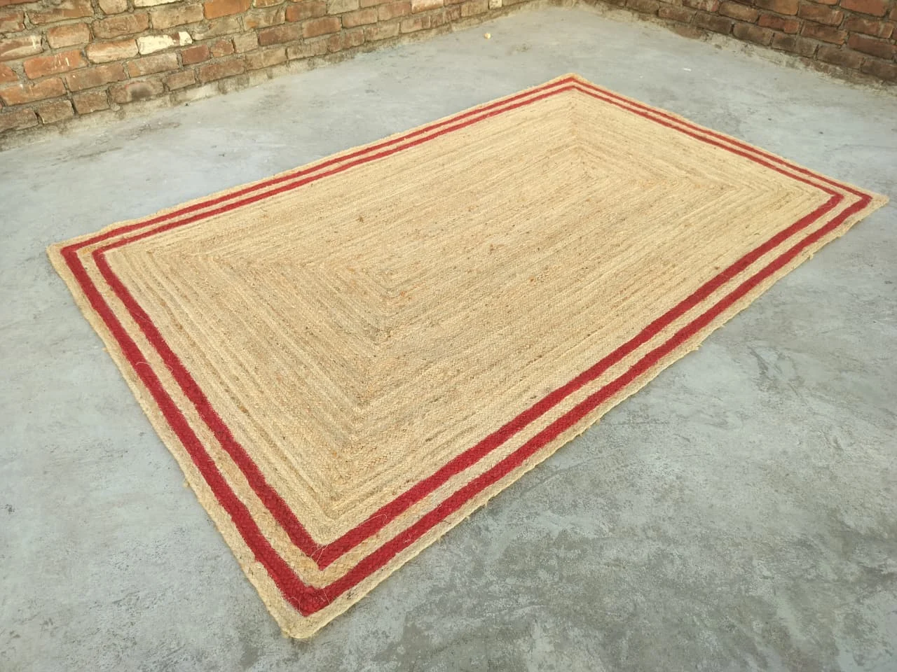Handmade Natural Jute Area Rug with Red Border Braided Floor Rug