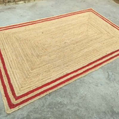 Handmade Natural Jute Area Rug with Red Border Braided Floor Rug