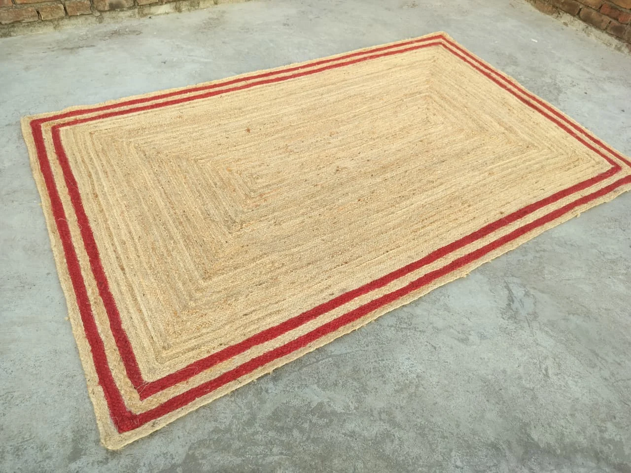 Handmade Natural Jute Area Rug with Red Border Braided Floor Rug