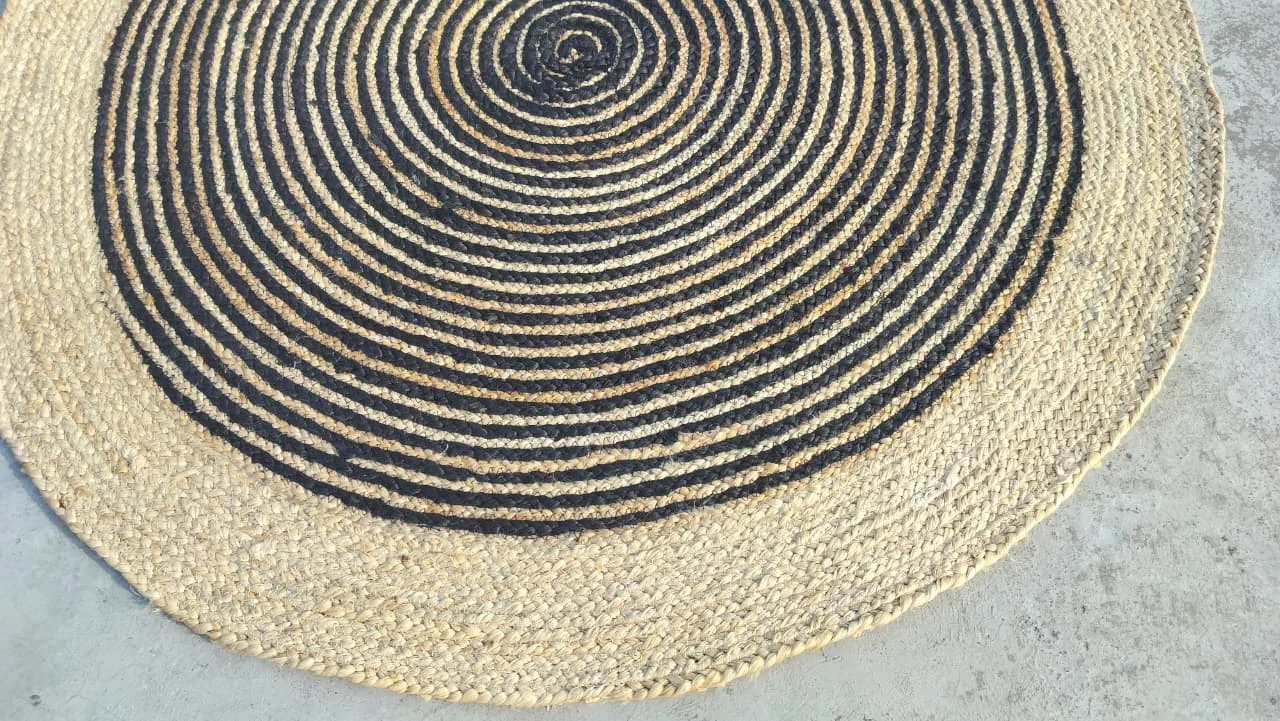 Black Jute Round Rug - Handwoven Spiral Design