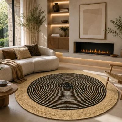 Black Jute Round Rug - Handwoven Spiral Design