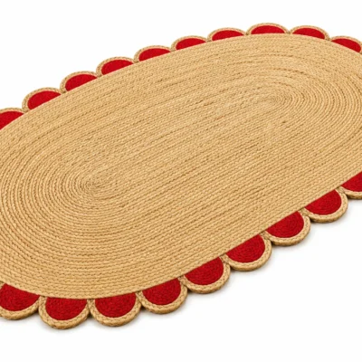  Handwoven Red Scalloped Oval Jute Rug Bold, Beautiful & Handmade